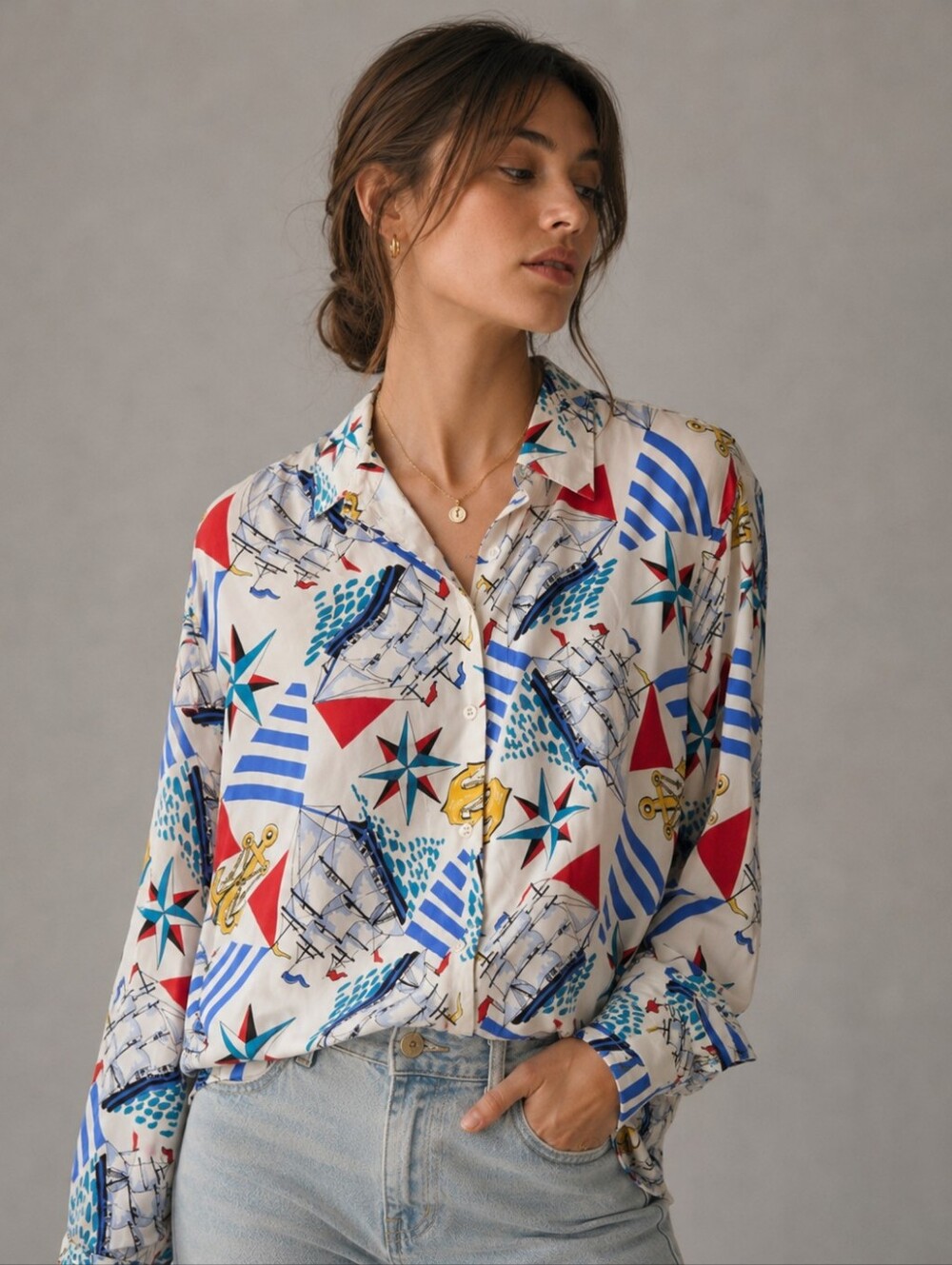 Vintage STUNT Collections Nautical Silk Button Front Blouse Womens Size Medium